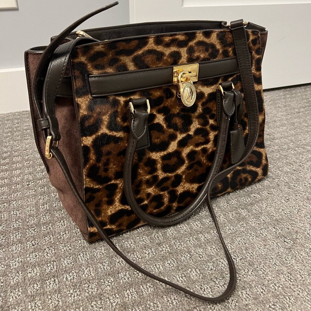 Michael Kors Hamilton traveler satchel bag in leopard calf hair